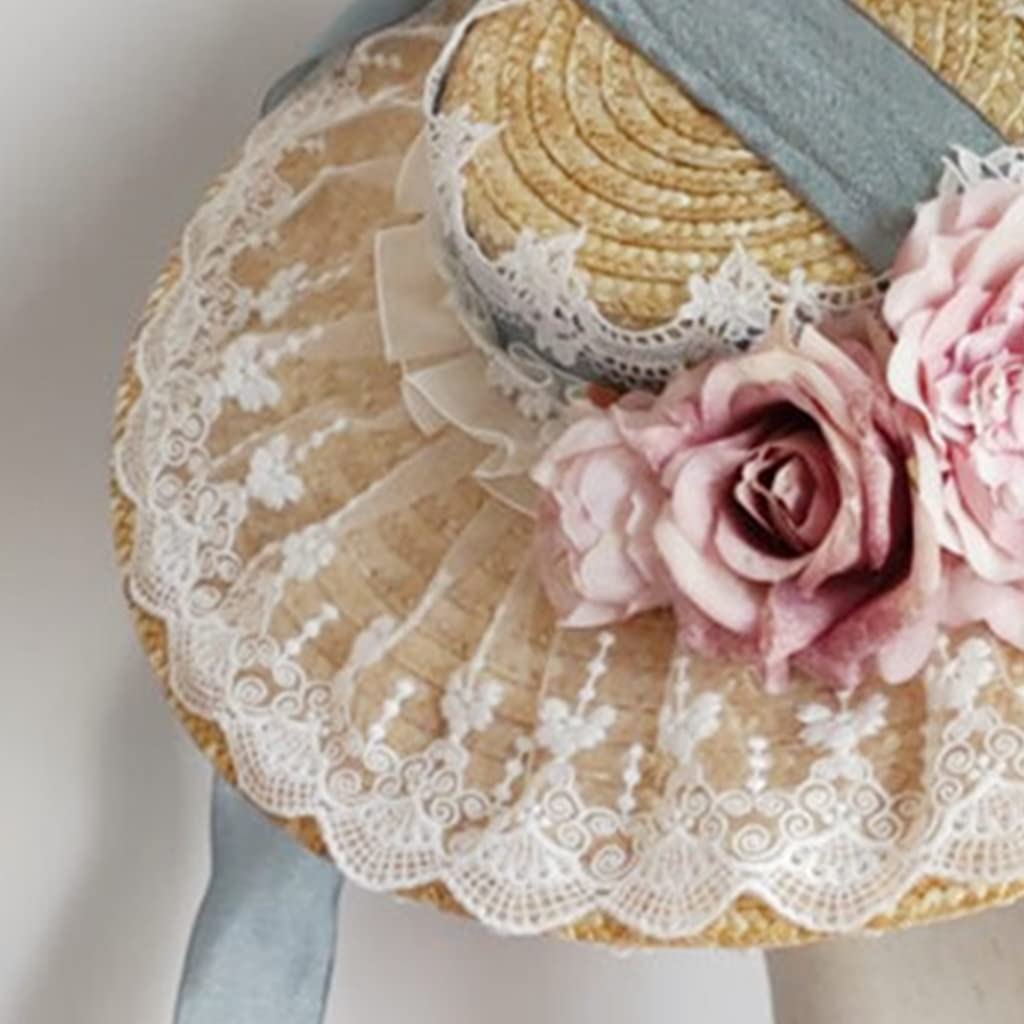 Morain Cappello piatto con volant in pizzo elegante cappello di paglia con cinturino per il tè party anime accessori per capelli vintage cappelli da spiaggia cappelli da sole a tesa larga