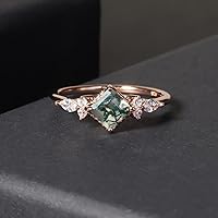 Vista 4 de Gem's Beauty Anillos de compromiso de ágata musgo verde de 14 quilates, oro rosa de 14 quilates, plata de ley 925, anillo de compromiso de tres