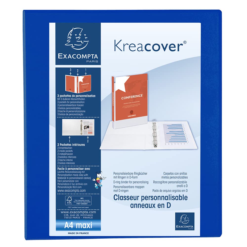 Exacompta - ref. 51842BE - 1 customizable rigid opaque binder with 3 pockets - 4 D-rings of 30 mm - Spine 47 mm - External dimensions: 32 x 27.7 cm - Format to be filed A4 Maxi - Colour: blue