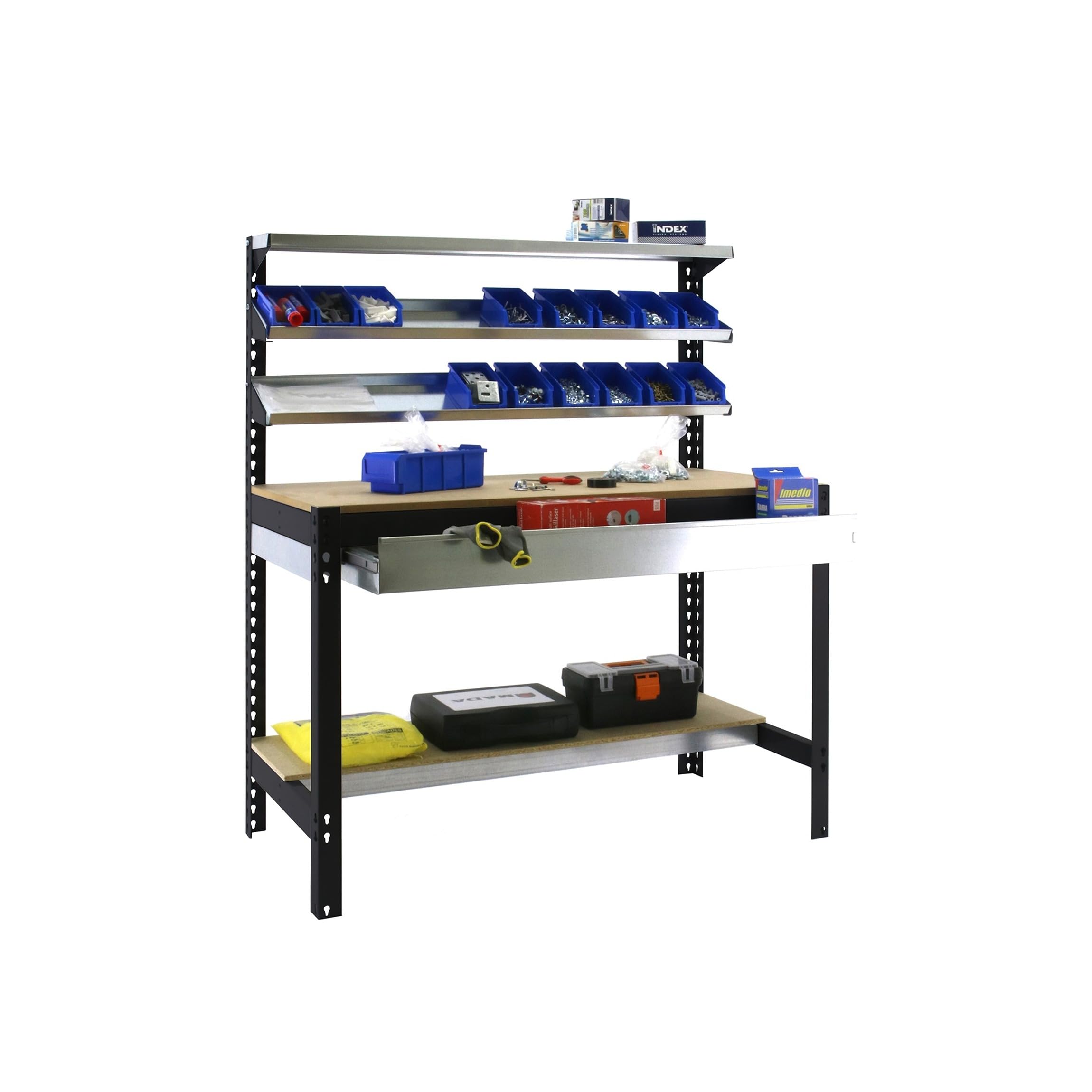 Simon Rack Banco de Trabajo con 3 repisas y cajón 1210x610 mm - BT1 | Capacidad Carga 600 kg, Pintura anticorrosión, Antracita , Montaje sistema clic