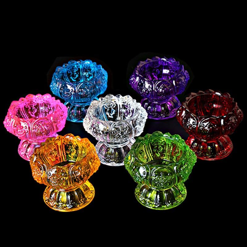 Mascot Desktop Decoration Buddhist Utensils Religious Pray Sacrificial Supplies 七彩莲花酥油灯座八吉祥带脚家用供佛琉璃灯座佛前佛具用品蜡烛台 1Pcs(八吉祥小号蓝色（清）)