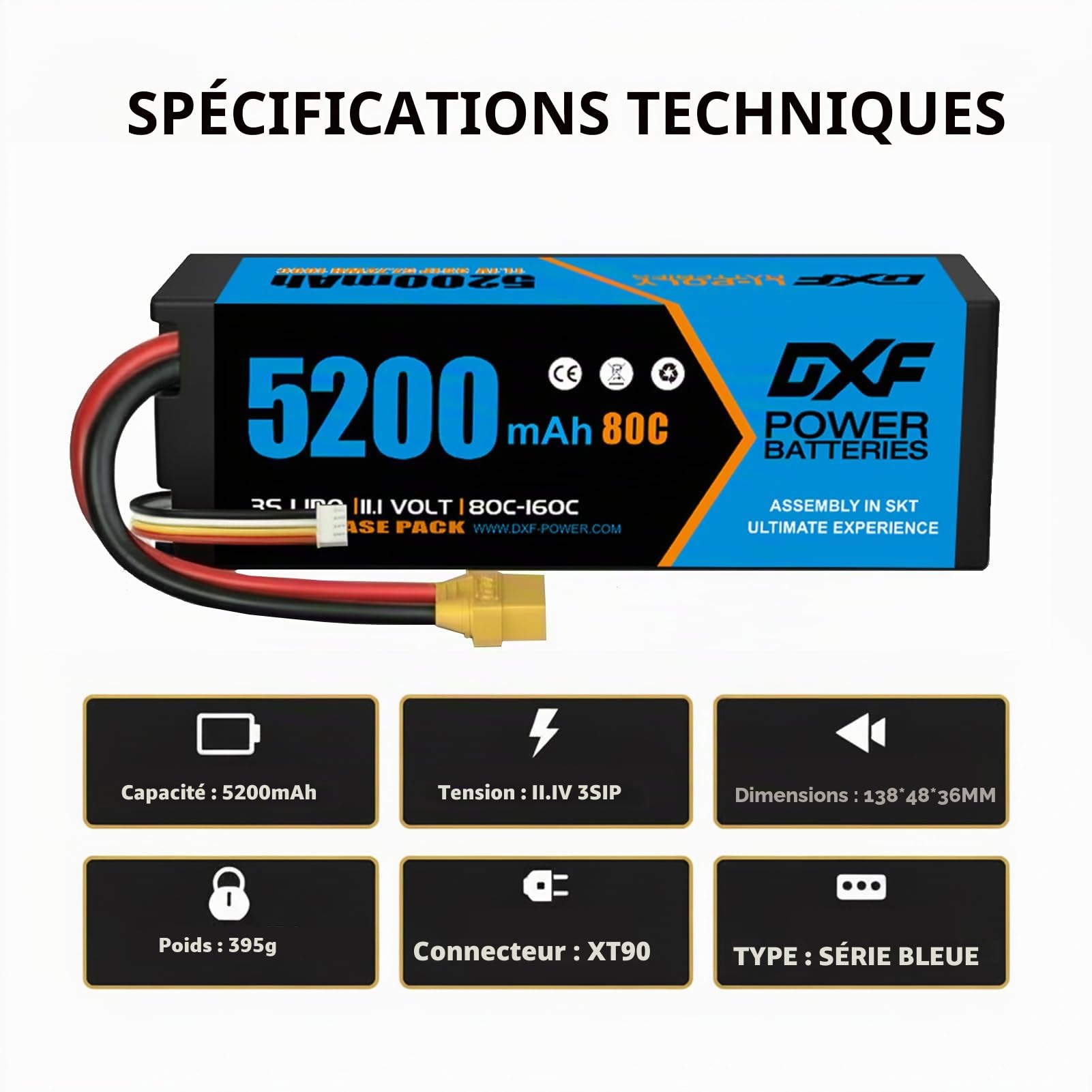 DXF Batterie LiPo 3S 11.1V 5200mAh 80C avec Prise XT90, Lot de 2 Batteries Lithium Polymère Haute Performance pour Hélicoptère RC Avion Bateau Voiture Drone Multi-Rotor Modélisme