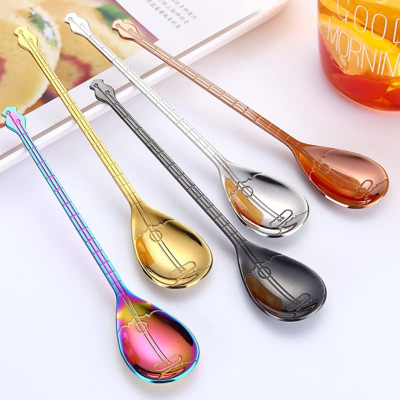 Silverware Flatware Set, 1/4/6/8 Pieces Creative 304 Stainless Steel Coffee Spoons Stirring Musical Instrument Pipa Guitar Spoon Music Bar Spoon Gift Spoon(Black,6 Pieces)