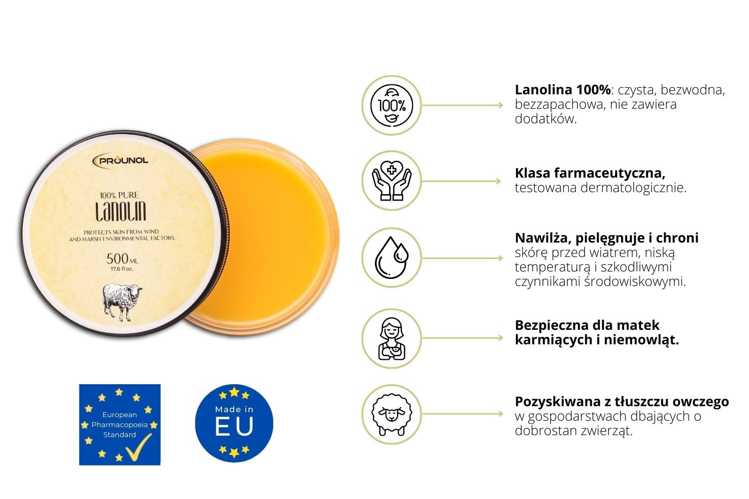 PROUNOL Lanolina Bezwodna 500ml - 100% Czysta Lanolina, Tłuszcz Wełniany bez Zapachu - Naturalny Krem do Pielęgnacji Suchych Rąk i Stóp