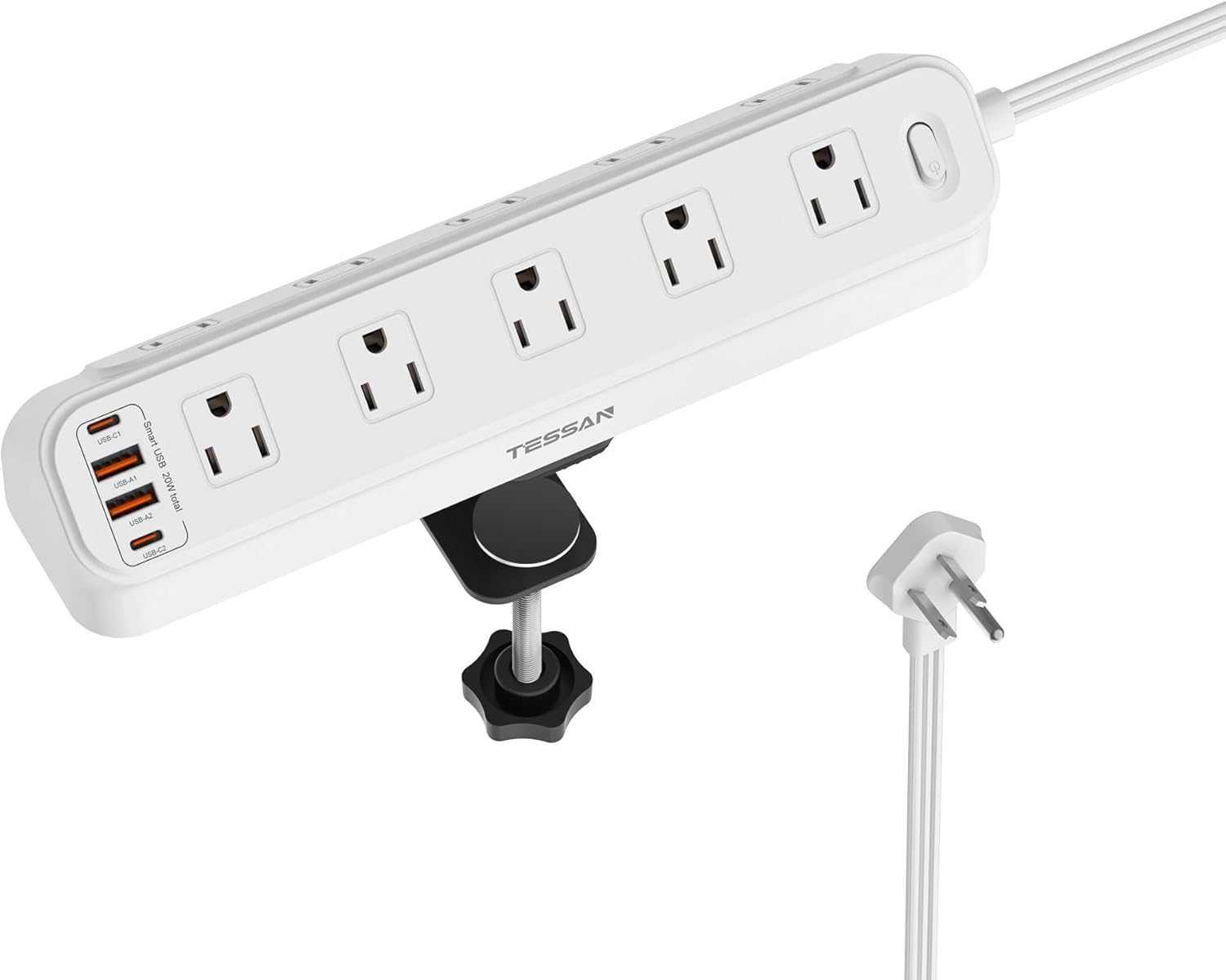 Desk Clamp Power Strip PD 20W, TESSAN 6Ft Flat Extension Cord with Multiple Outlets, 10 Outlets with 4 USB (2 USB C), Flat Plug, 1625W, Charging Station for Gaming Office Dorm Room, White