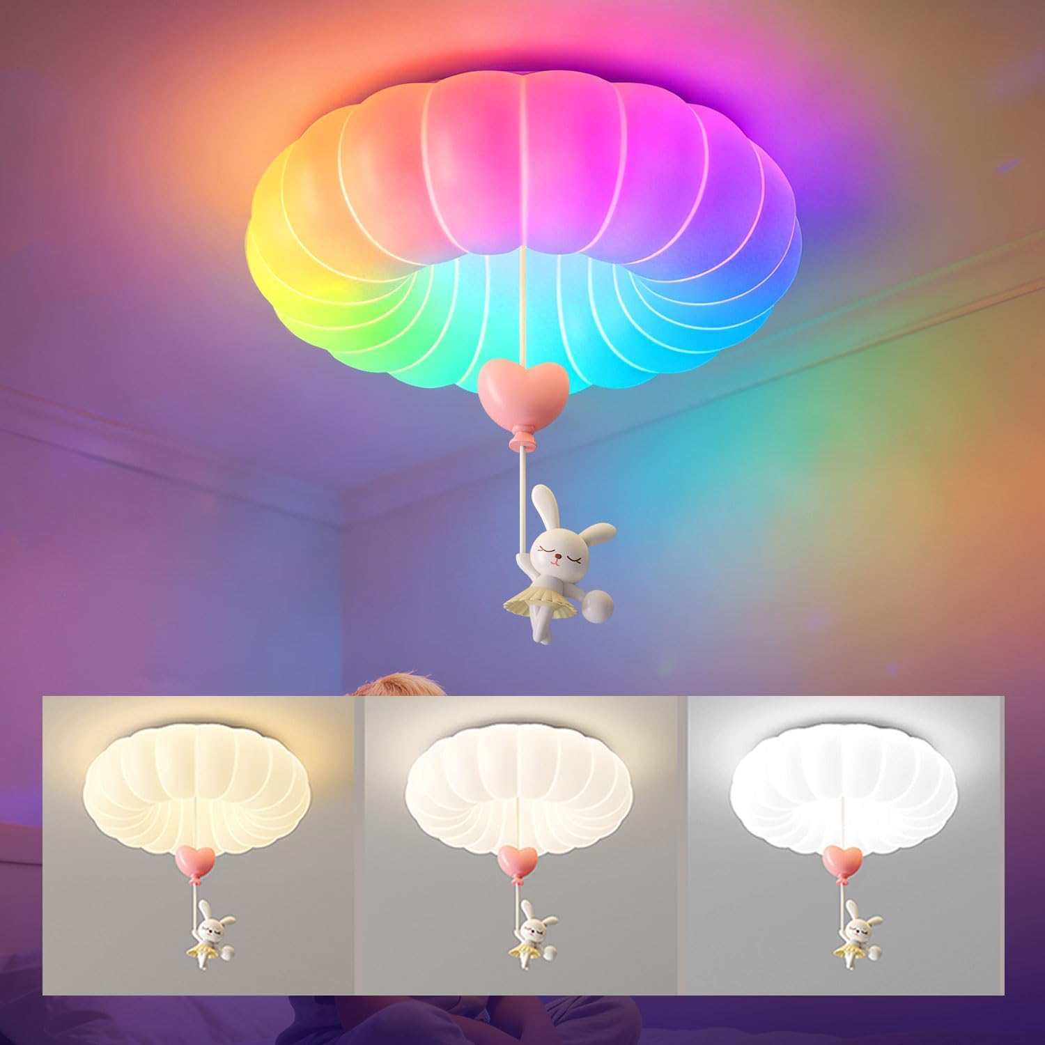 RGB Led Flush Mount Kids Room Ceiling Light with Remote Control，18Inch 32W 3000-6500K Dimmable Color Changing Light Fixture，Cloud Shape Modern Round Ceiling Lamp for Girl Boy Bedroom(Yellow)