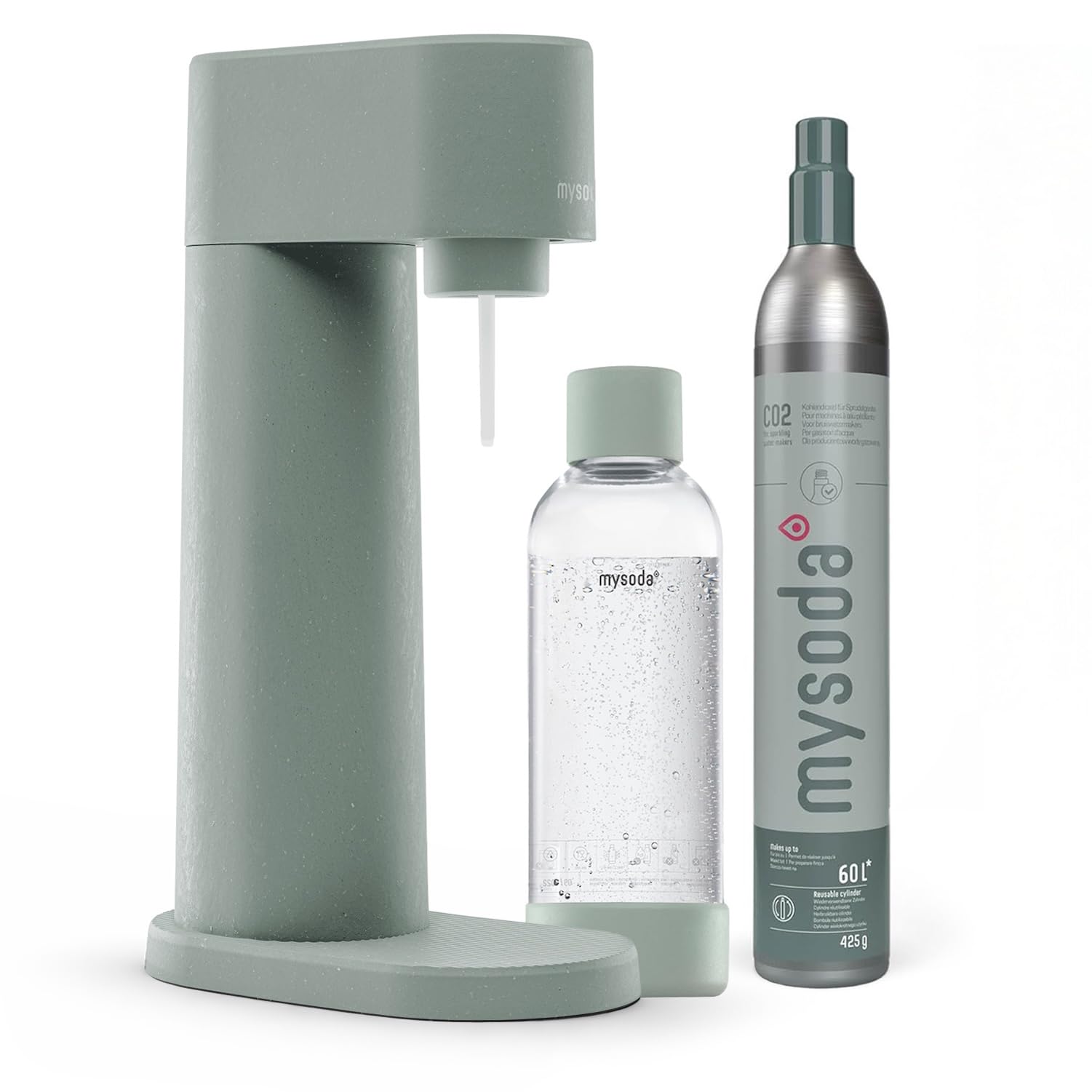 Mysoda Woody – Machine à eau pétillante en composite de bois, avec bouteille PET Quick-Lock sans BPA et cylindre CO2 – Vert sauge (Pigeon)