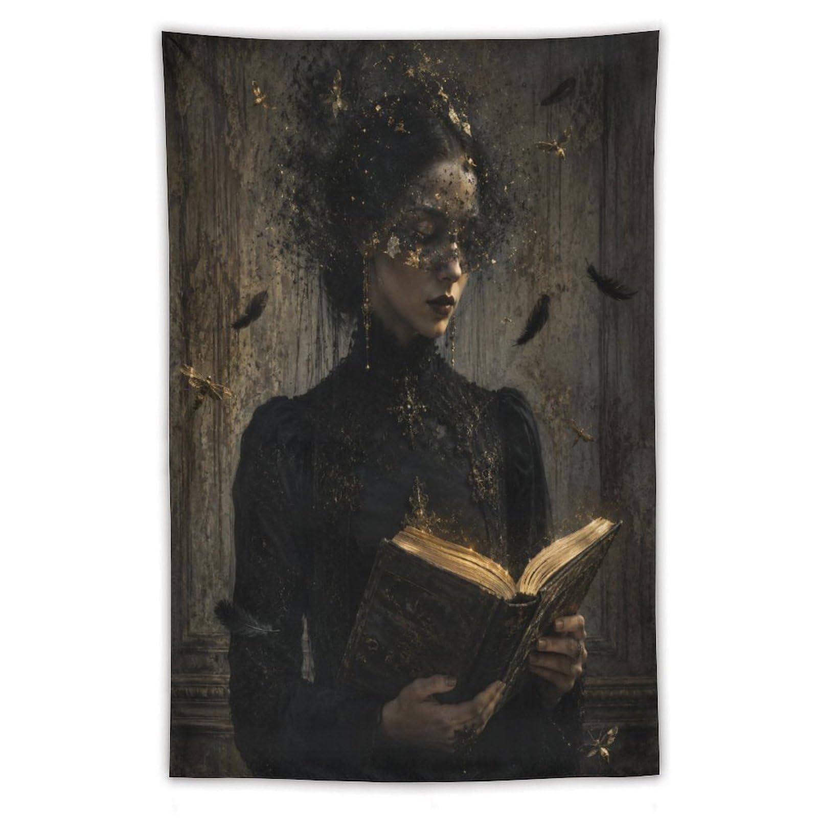 H3B8U2Y5 Dark Woman Reading Wall Tapestry, Detailed Illustration