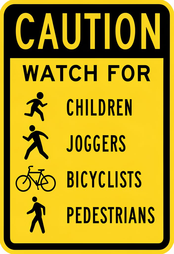 peiyeety Caution Watch for Children Joggers Bicyclists Pedestrians Tin Sign 12x8 Inch, Yellow & Black Metal Wall Decor for Driveway, Garage, Yard, Bike Path, Home Safety Reminder Gift