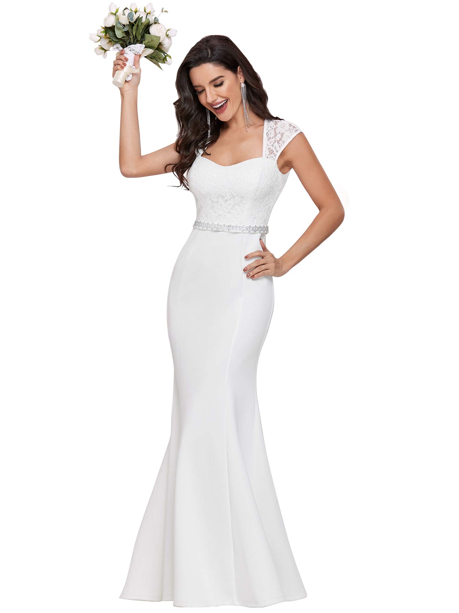 Ever-Pretty Robe de Mariée Sirène Longue Femme Décolleté Coeur à Mancherons en Dentelle Bohême EH00218