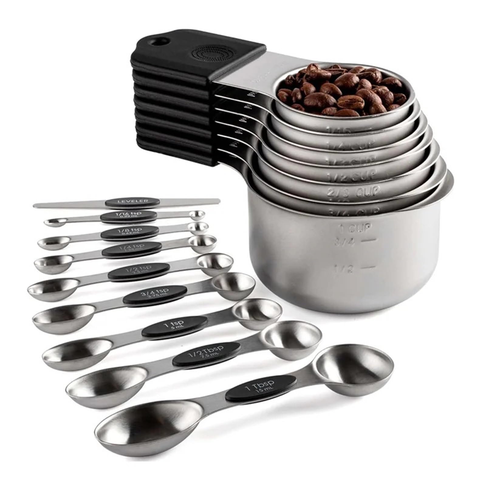 Juego de 16 tazas y cucharas medidoras magnéticas de acero inoxidable: 7 tazas resistentes y 8 cucharas de doble cara con nivelador.