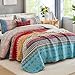 WONGS BEDDING Bohemian Quilt Set Twin Size, Boho Striped Printed Bedding Quilts Coverlet Set with Pillow Shams, Lightweight Microfiber Bedspread Set for All Seasons (2 Pieces, Twin)