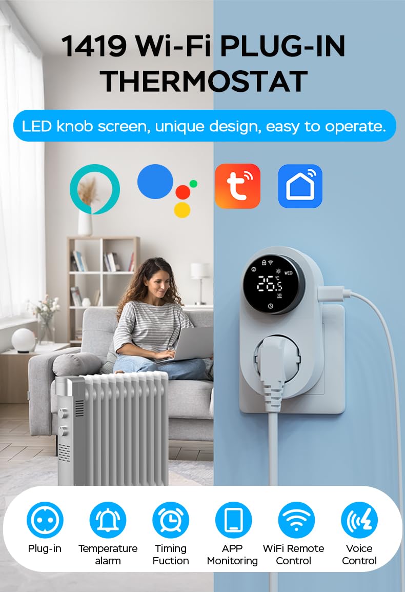 Yasorn Termostato WiFi con enchufe 240V, controlador de temperatura LED con mando giratorio, enchufe inteligente con sensor,control por voz,calefacción y refrigeración, apto para invernaderos/acuarios