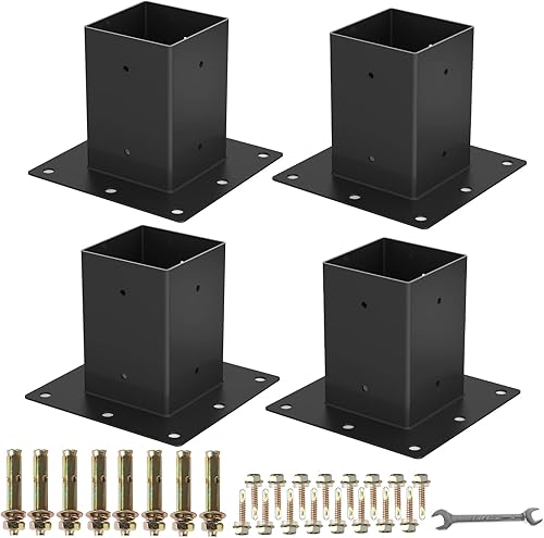Base de poste de 4 x 4, 4 piezas, tamaño interior de 3.6 x 3.6 pulgadas, soportes de poste de metal resistente con recubrimiento en polvo negro,