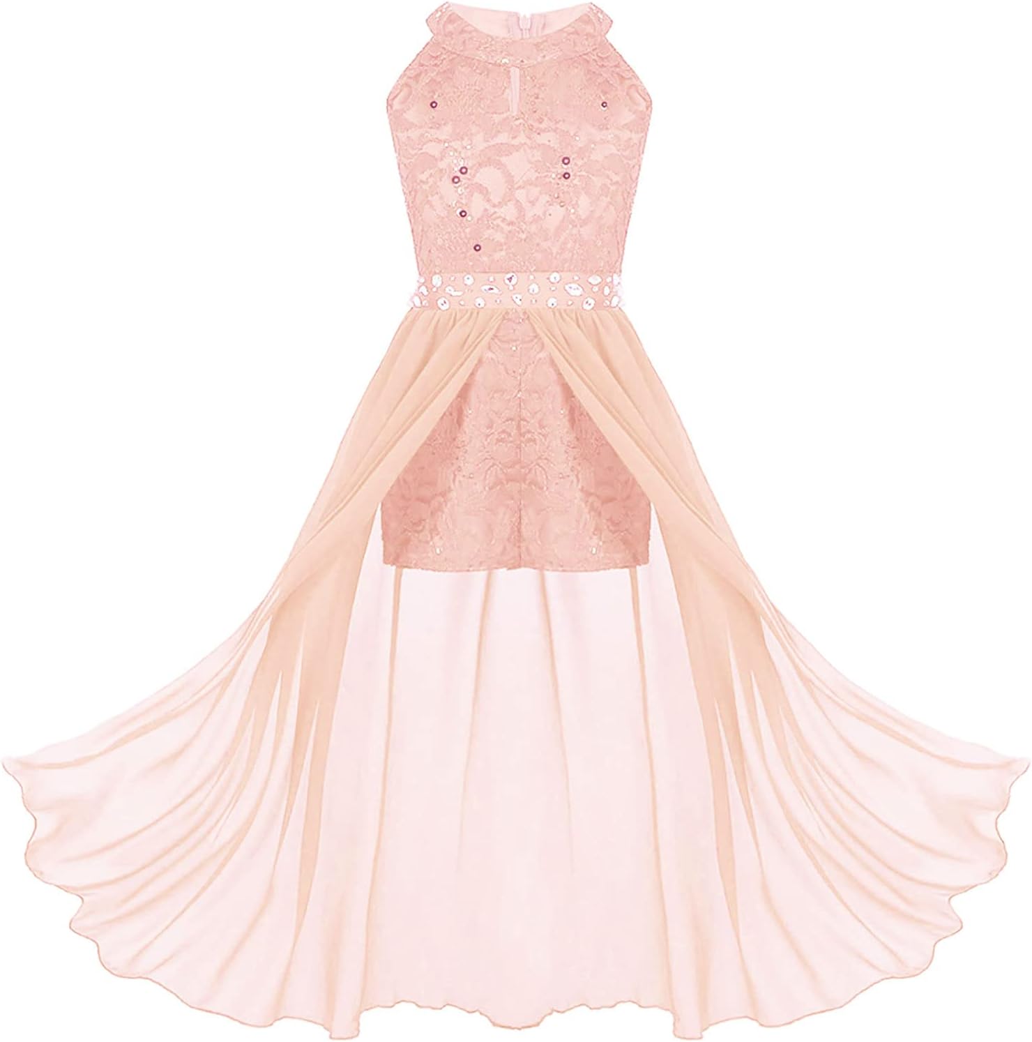 ranrann Kids Girls Sleeveless Floral Lace Shiny Rhinestone Maxi Dress Birthday Party Formal Dance Romper Gown