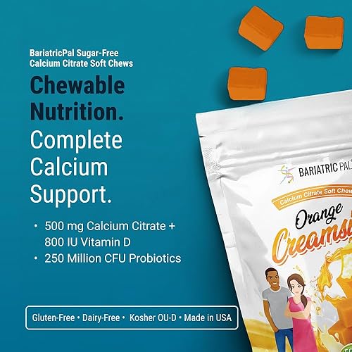 Miniatura 2 de BariatricPal Masticables suaves de citrato de calcio sin azúcar  500 mg con vitamina D y probióticos  Crema de naranja  90 unidades (suministro de 1