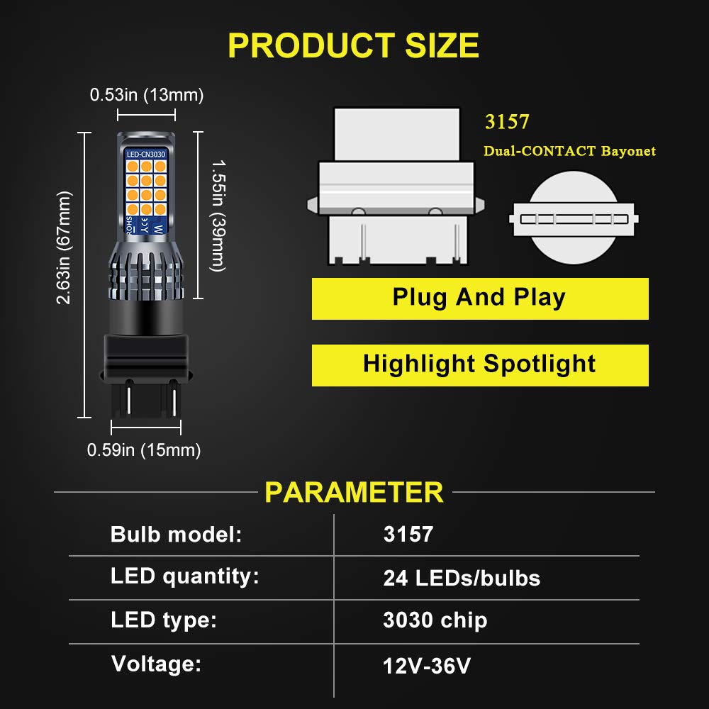 Teguangmei 3157 LED Turn Signal Light Bulb, Super Bright 24-SMD Yellow 3056 3057 4157 3047 4057 3457 LED Bulbs for Cars Trucks Replace Front/Rear Turn Signal Blinker Lamps, Pack of 2