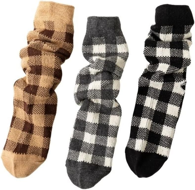 VIDI Autumn and Winter Socks Plaid Contrast Color Combed Cotton Vintage Women's Mid-Cut