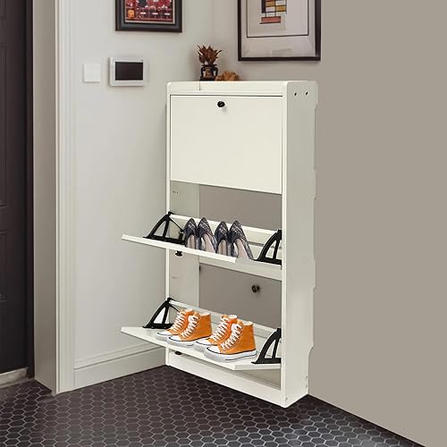 NG NOPTEG Armario de zapatos para entrada, armario de almacenamiento de zapatos estrecho blanco abatible, zapatero de madera de 3 niveles,