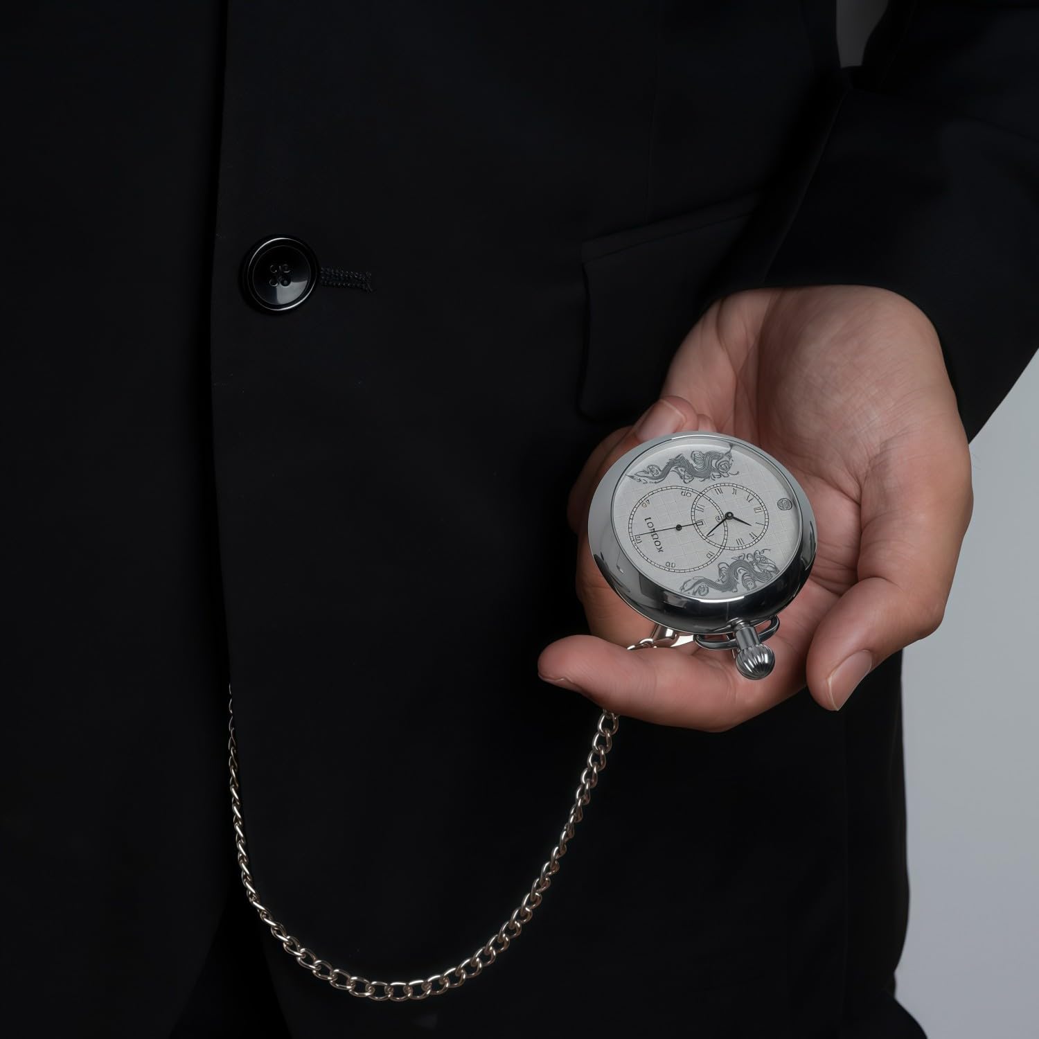 Orologio da taschino da uomo, con doppio drago, meccanismo in argento, cassa con catena