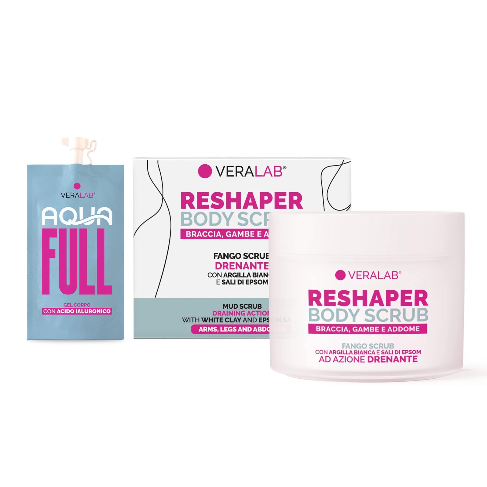 Veralab Reshaper Body Scrub, Fango Scrub Esfoliante e Drenante con Argilla Bianca e Sali di Epsom ad Azione Rapida in 20 Minuti, 200ml