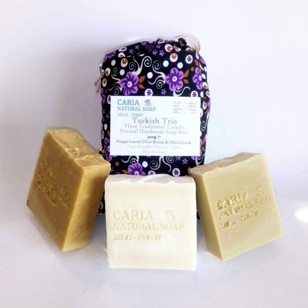 Caria Natural Soap Traditional Turkish Trio Soap Bars. 100% Natural Castile Olive Oil Bittim Wild Pistacia and Aleppo Laurel (3 bars)