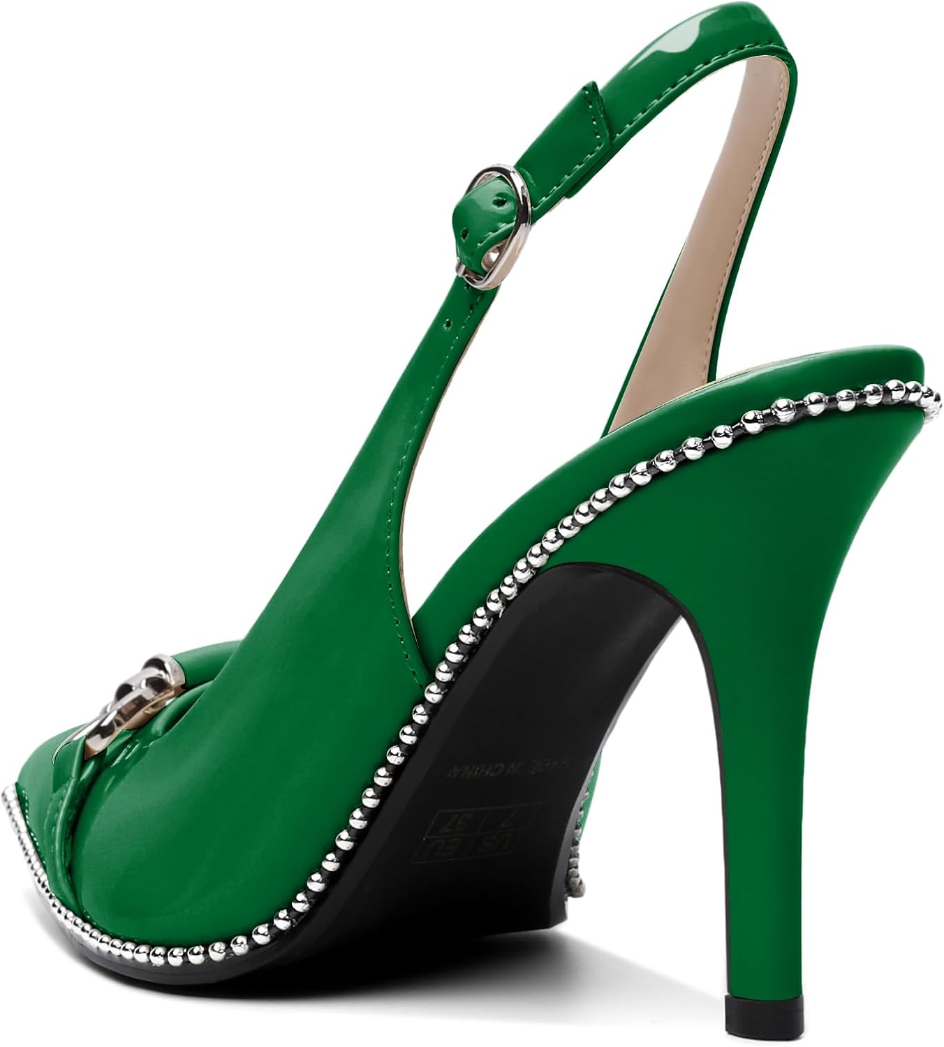 AUMOTED Women Beaded Pumps Slingback High Heel Stilettos Pointed Toe Shoes Slip On 3.5 Inch Ankle Strap Adjustable Patent Leather US Size 5-13 - Image 6