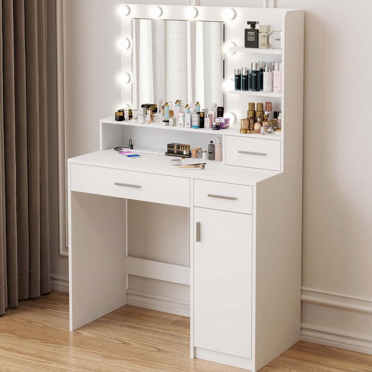 Vanity Desk with Mirror&Lights,Makeup Vanity Table with USB Power Outlet & Drawer & Storage Shelves, Cabinet,Dressing Table for Teen Girls & Adults,Compact Vanity Set for Bedroom