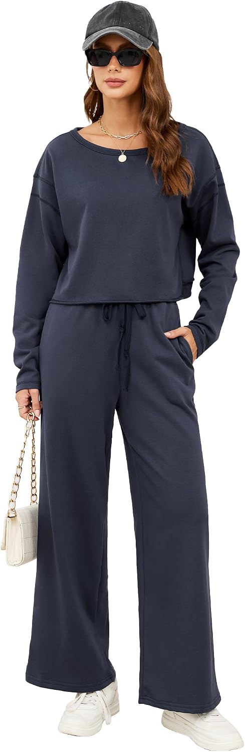 Women's Cozy 2 Piece Outfits Lounge Sets Long Sleeve Open Back Workout Sweatshirt Tops Wide Leg Sweatpants TrackSuits