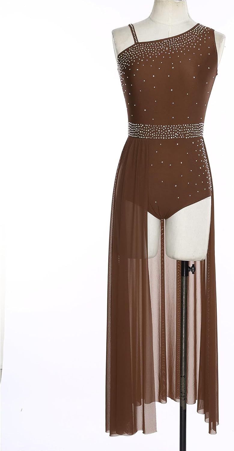 FEESHOW Women's Glittery Rhinestone Lyrical Dance Costume Sleeveless Split Maxi Dress Modern Dance Dress
