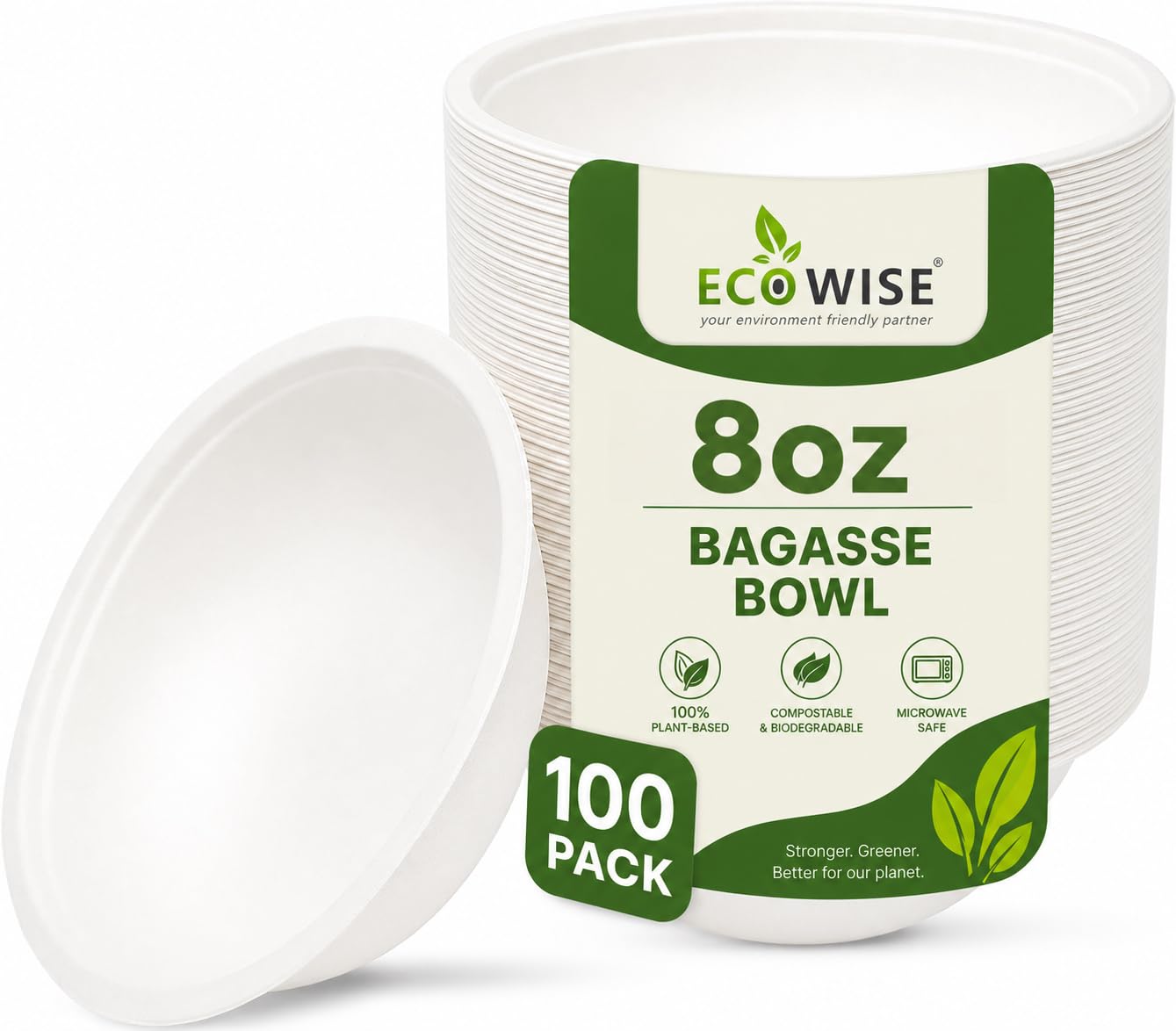 EcoWise Disposable Bagasse Bowls - 8oz/240 ml, Eco Friendly Biodegradable Compostable Sturdy Sugarcane Paper Bowls Hot & Cold Uses for Soup, Salad, Milk, Cereals, Restaurants BBQ Party (Pack of 100)