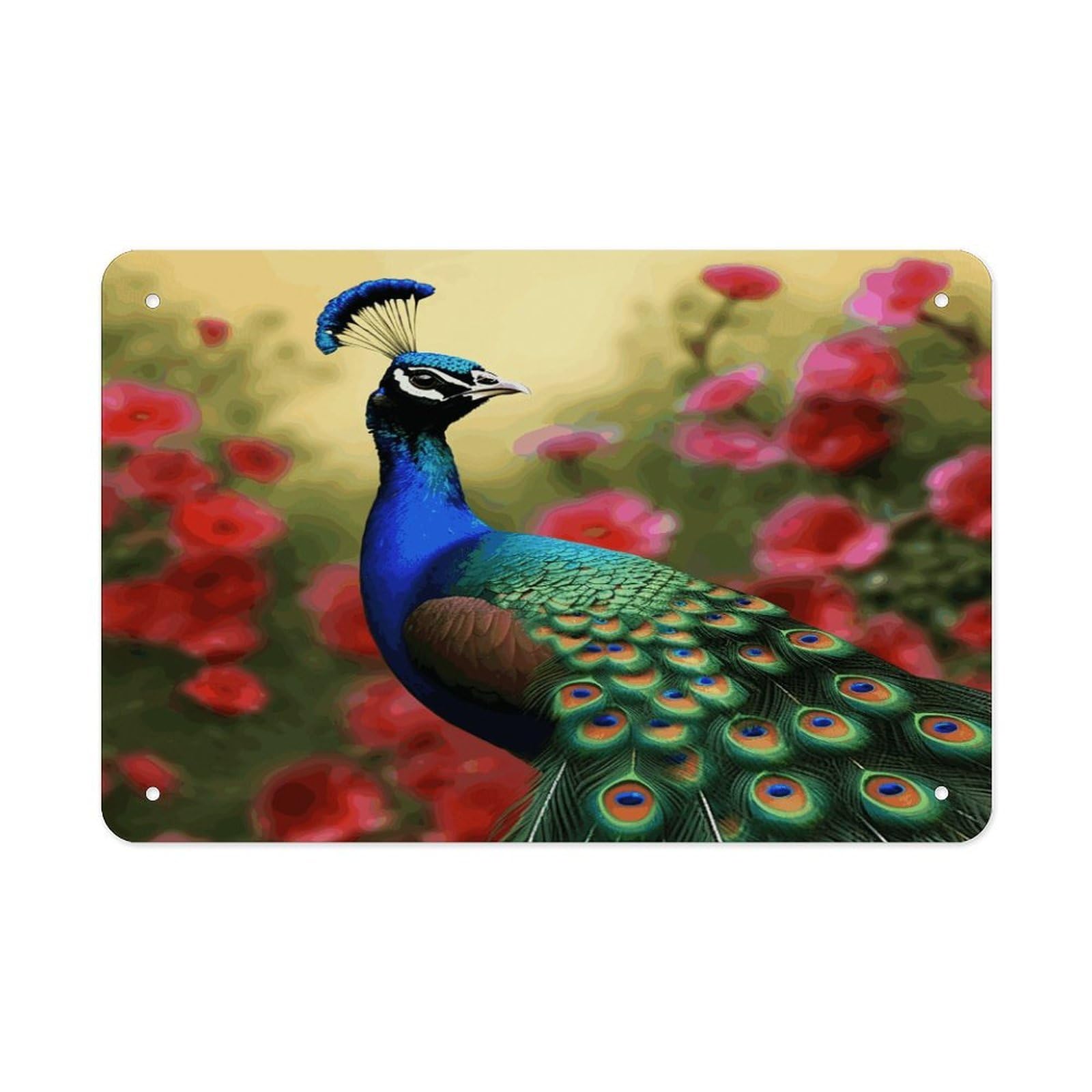 Peacock Flowers Metal Tin Sign 12"x8" Wall Art Prints Poster Decorative Picture Metal Signboard Decor Painting Folded Edge Iron Sheet Painting with Holes for Wall Decor