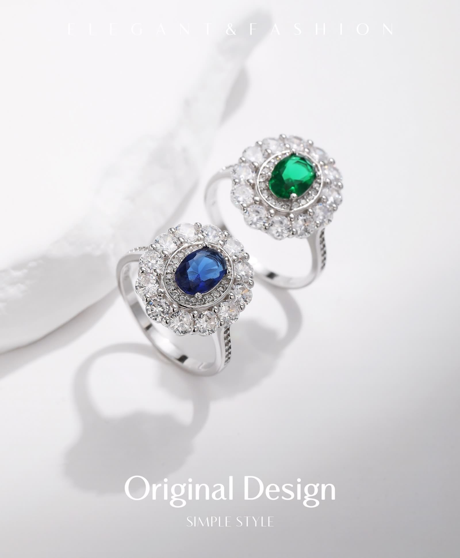 Anillos de boda de oro blanco, anillos para mujer, dedo medio, ovalado, con esmeralda fabricada en laboratorio
