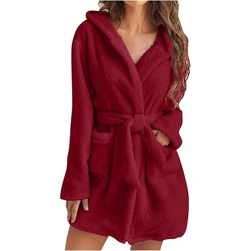 Robes for Women Bathrobe Fuzzy Mid Length Bath Robe Belted Solid Color Plush Kimono Robe with Pockets Soft Winter Spa Robes