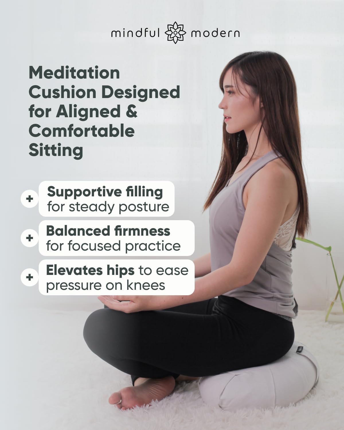 Mindful & Modern Large Meditation Cushion | Zafu Yoga Bolster Meditation Floor Pillow Seat | Buckwheat Hull Filled Crescent Shaped Cushion with Removable Washable Cover + Carry Handle | White