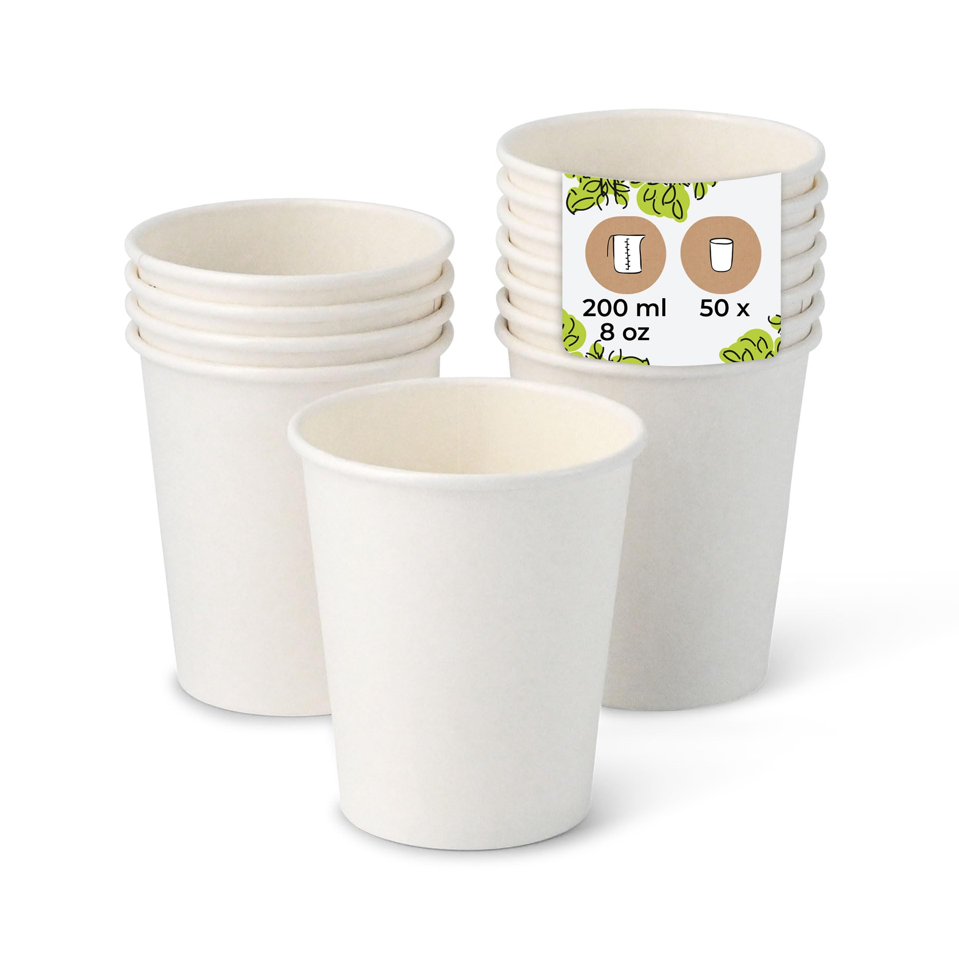 BIOZOYG Organic paper cups I disposable tableware drinking cups paper cups compostable and biodegradable cups I white, blank, environmentally friends coffee cups 50 pieces 200ml 8oz