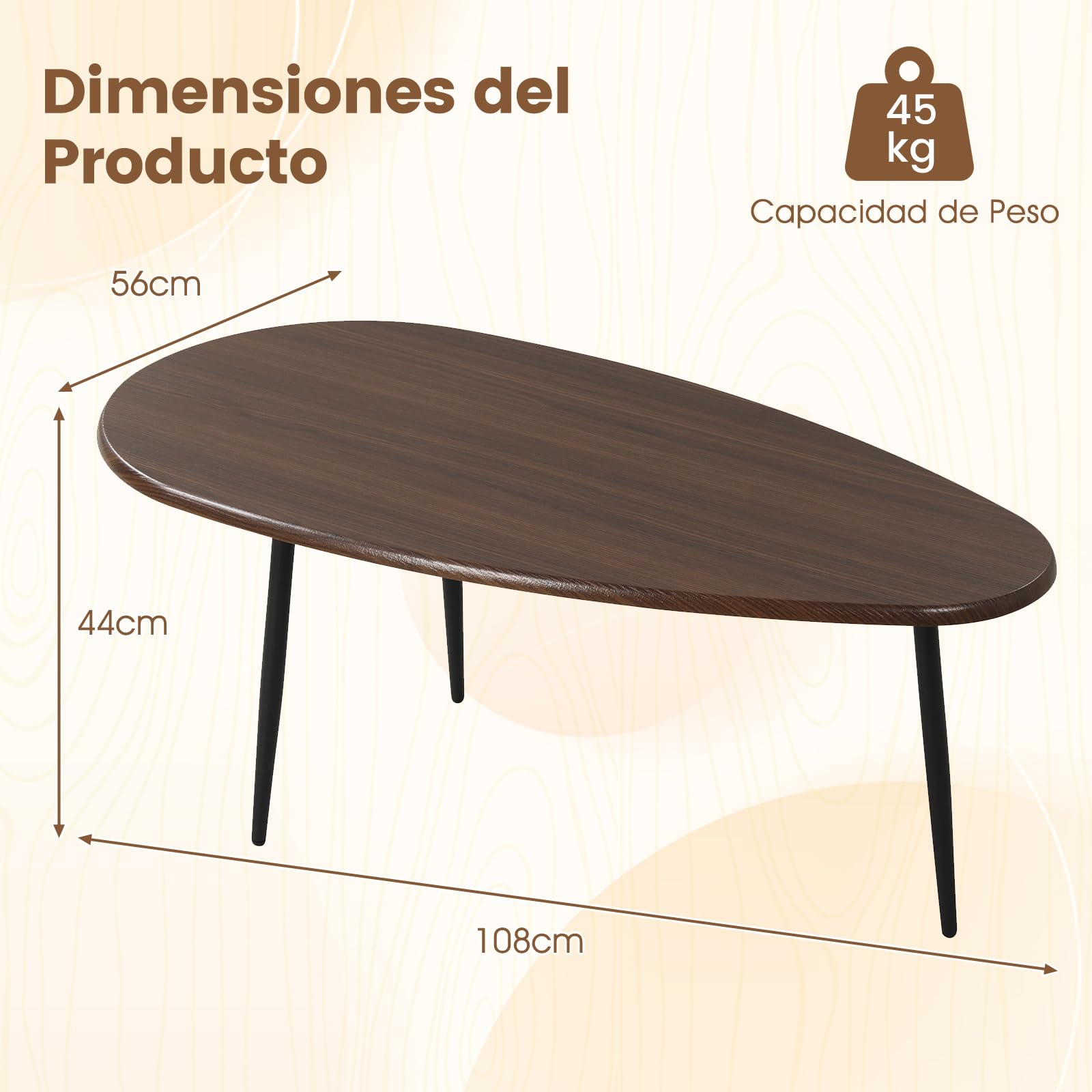 COSTWAY Mesa de Centro Ovalada, Mesita Central con Construcción Metálica Resistente y Diseño Compacto para Sofá, Mesita Auxiliar para Salon, Oficina, Mesita de Café, 108 x 56 x 44 cm (Nogal)