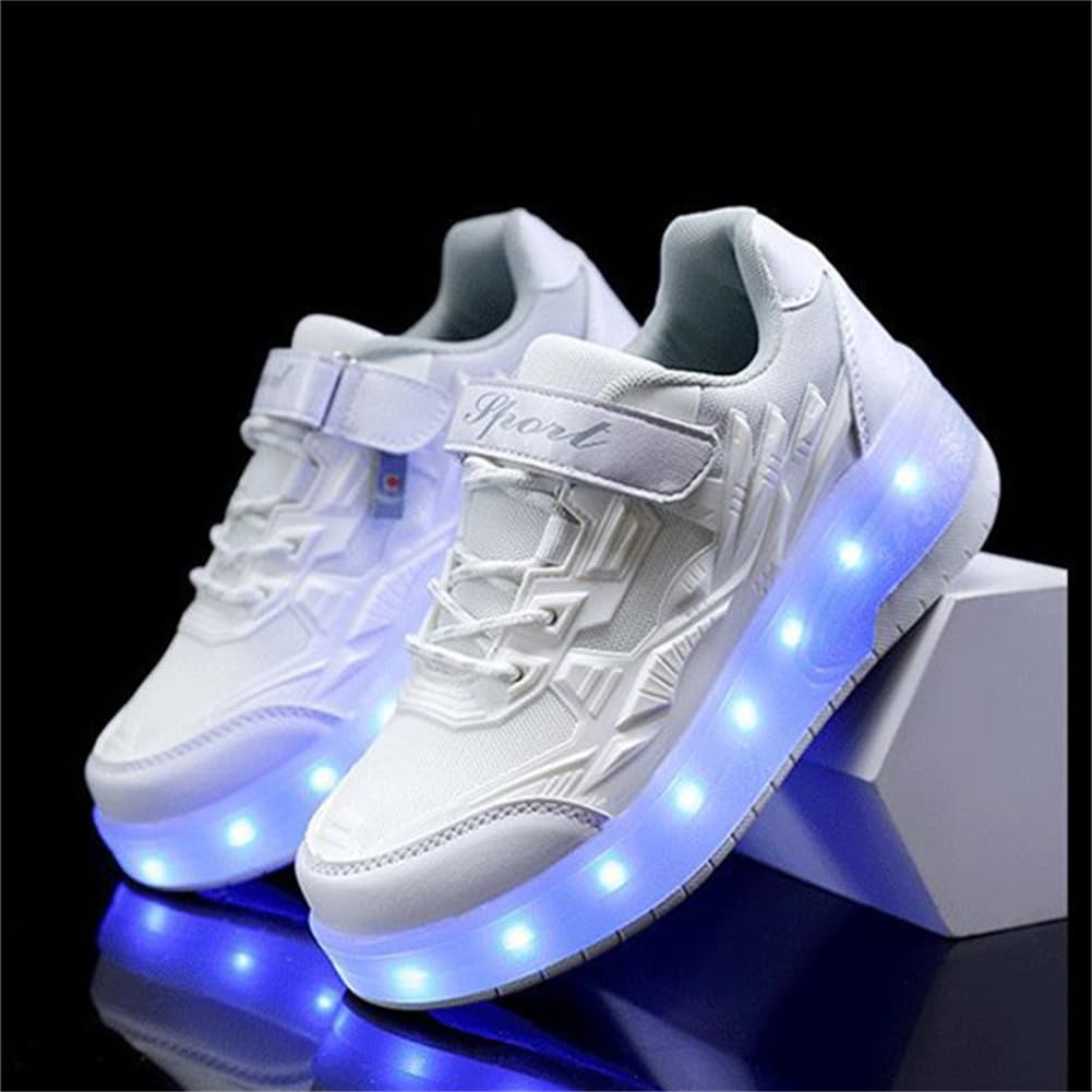 FANSU Zapatillas con 2 Ruedas Niña, Zapatos con Ruedas Luces LED Coloridos Parpadeante 2 en 1, Niño Zapatillas Patines Carga con USB Calzado de Skateboarding 28-41 EU