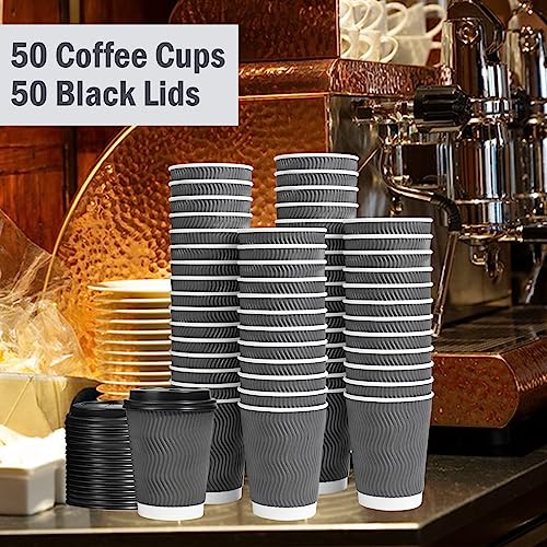 image for Lamosi 50 Pack - 12 oz Insulated Disposable Coffee Cups with Lids, To 