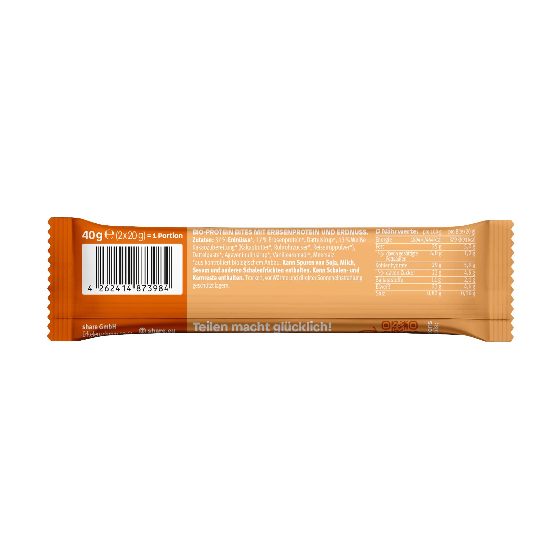 share Bio Protein Bites Salted Peanut (15x40g) | Veganer Proteinriegel 23% Eiweiß, Ballaststoffreich, Ohne Palmöl, Jeder Kauf spendet, Proteinquelle, Cremige Nussmus-Füllung