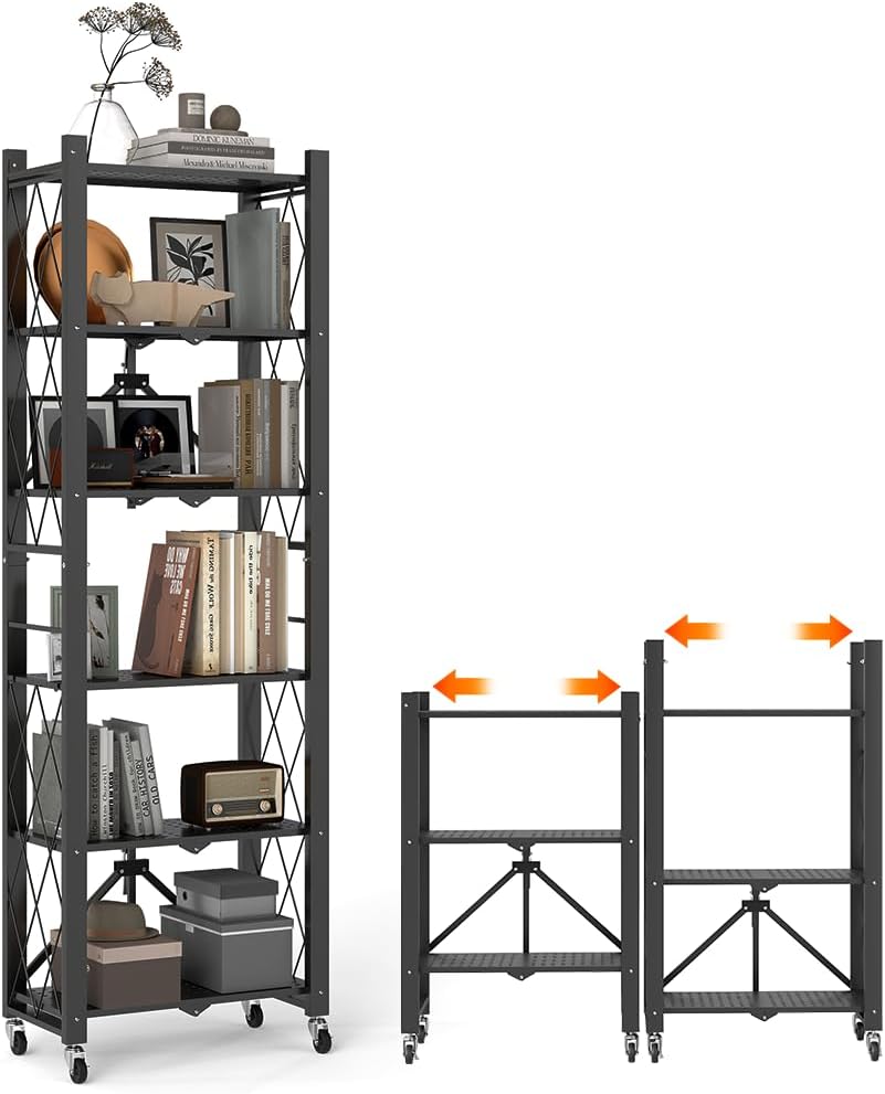 BAOYOUNI 3-Tier Vintage Industrial Bookshelf - No Assembly Folding Storage Shelf with Woodgrain Finish | Collapsible Metal Bookcase for Living Room, Office & Bedroom