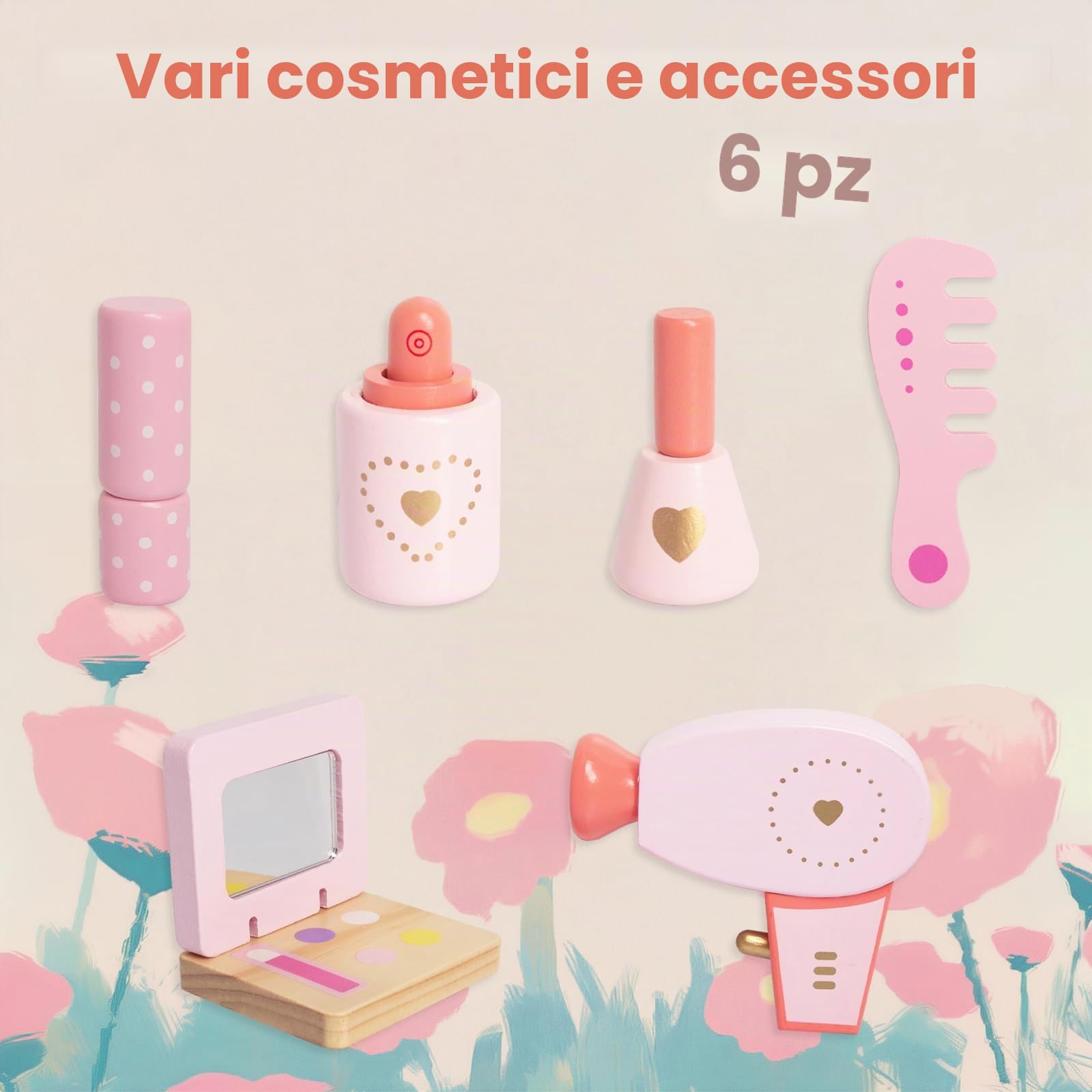 WOODENFUN Tavolo da Toeletta in Legno per Ragazze Con 7 Pezzi, Cassetto Girevole a 360°, Rosa per Bambini