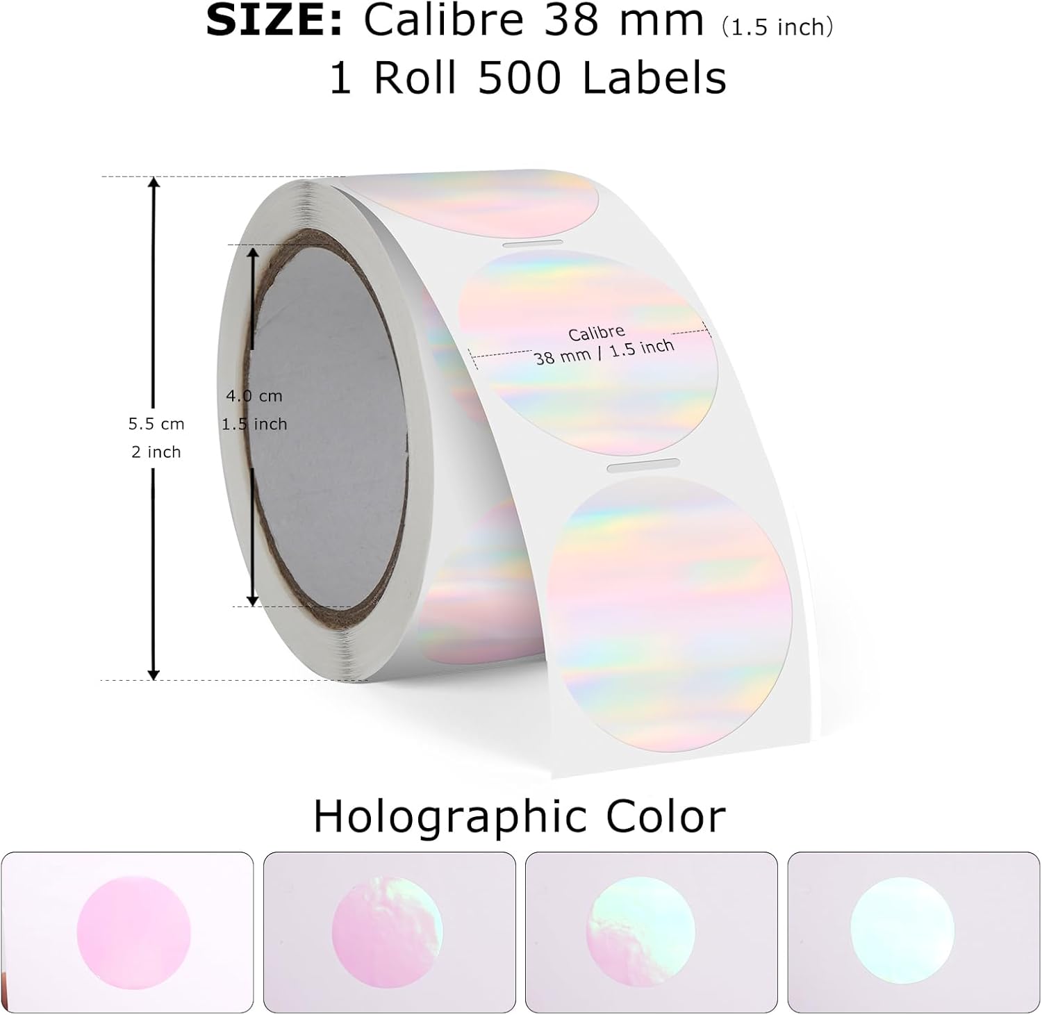 Round Thermal Labels 1.5 Inch Holographic Vinyl Label Self-Adhesive Waterproof Rainbow Circle Direct Thermal Printer Stickers for Gift DIY Logo Design 500 PCS - Image 2