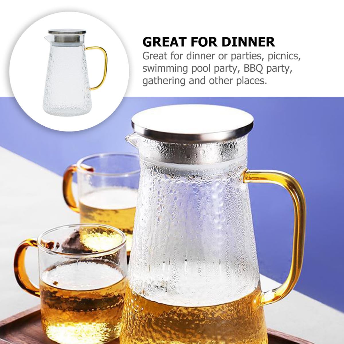 Jarra de Agua Delicada de Vidrio de 1300ml Tapa de Acero Inoxidable, Fácil de Limpiar y Almacenar para Fiestas y Uso Doméstico