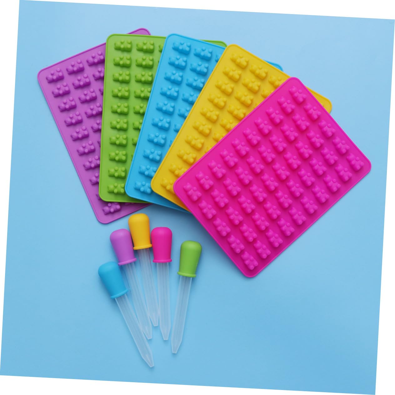 VALICLUD 5 set Stampi in Silicone Orsetti Mini Cavità con Contagocce per Caramelle Gommose Cioccolatini e Dolcetti Facile da Usare e Pulire Azzurro Verde Rosa e Giallo