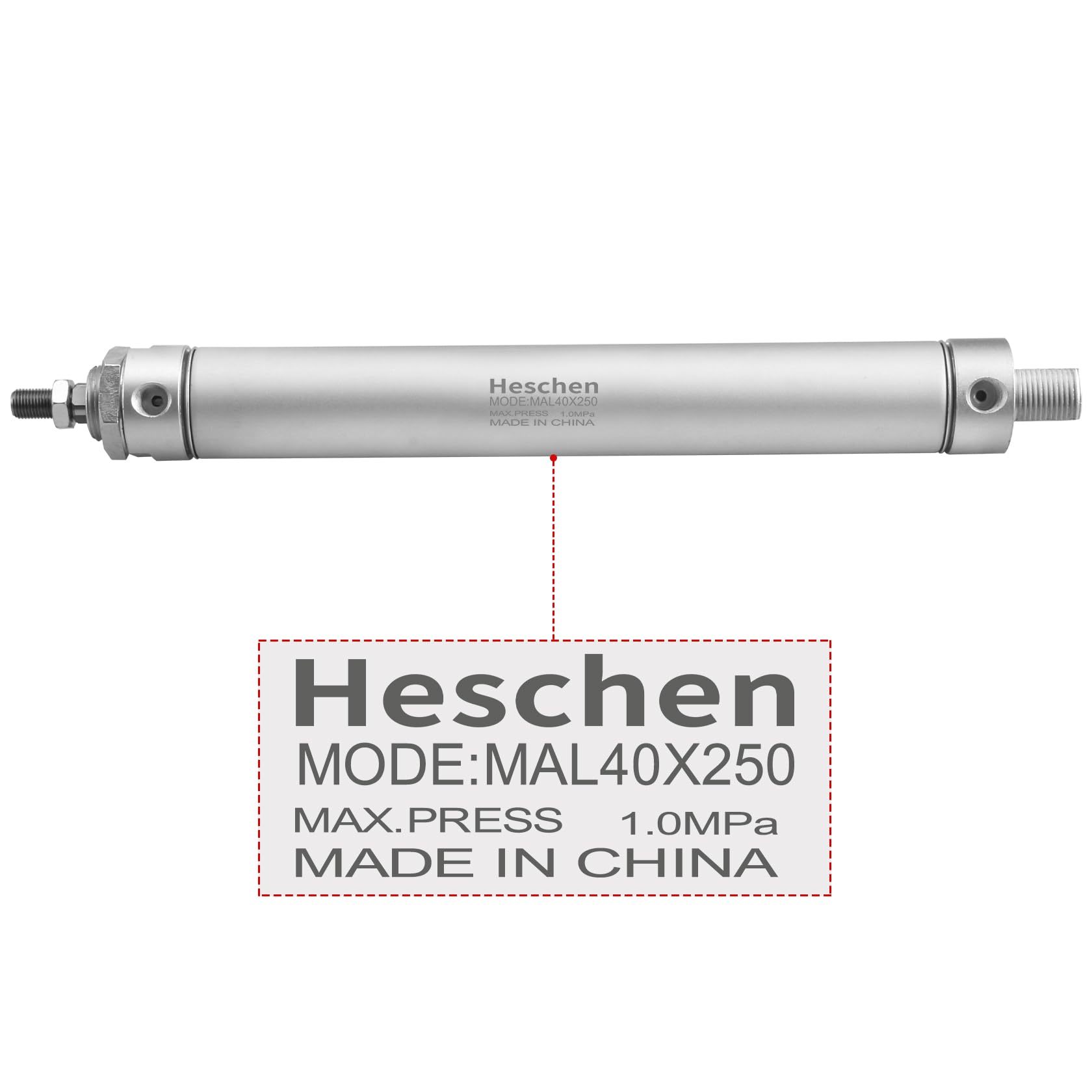 Heschen Vérin pneumatique mince, MAL 40-250, PT1/4'' Port, Alésage 40mm, Course 250mm, Double Effet