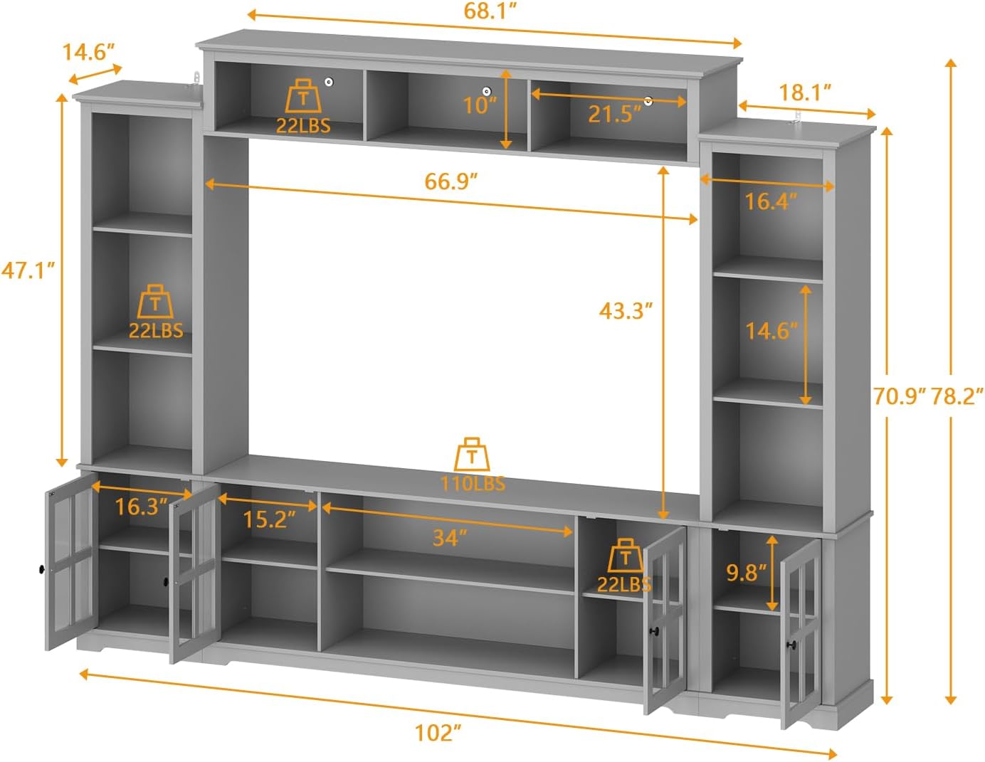Wall Unit Entertainment Center, TV Wall Units for Living Room with Storage, 102" W Large Farmhouse TV Stand with Glass Doors, Ajustable Bookshelf & Bridge for Bedroom, Grey