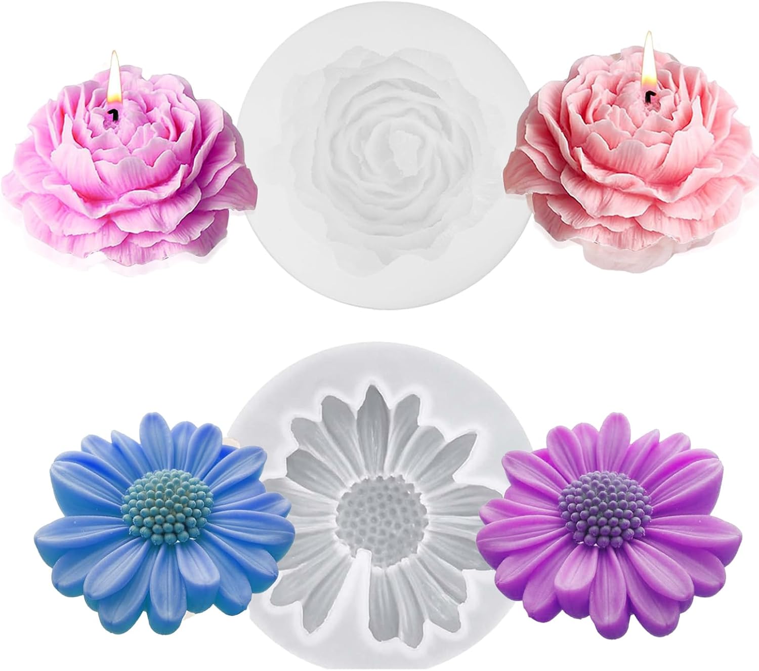 4 Moules à Bougies En Silicone Forme Marguerite 3D - Pour Bougies, Savon, Chocolat, Pâtisserie - Souples Et Réutilisables - 4