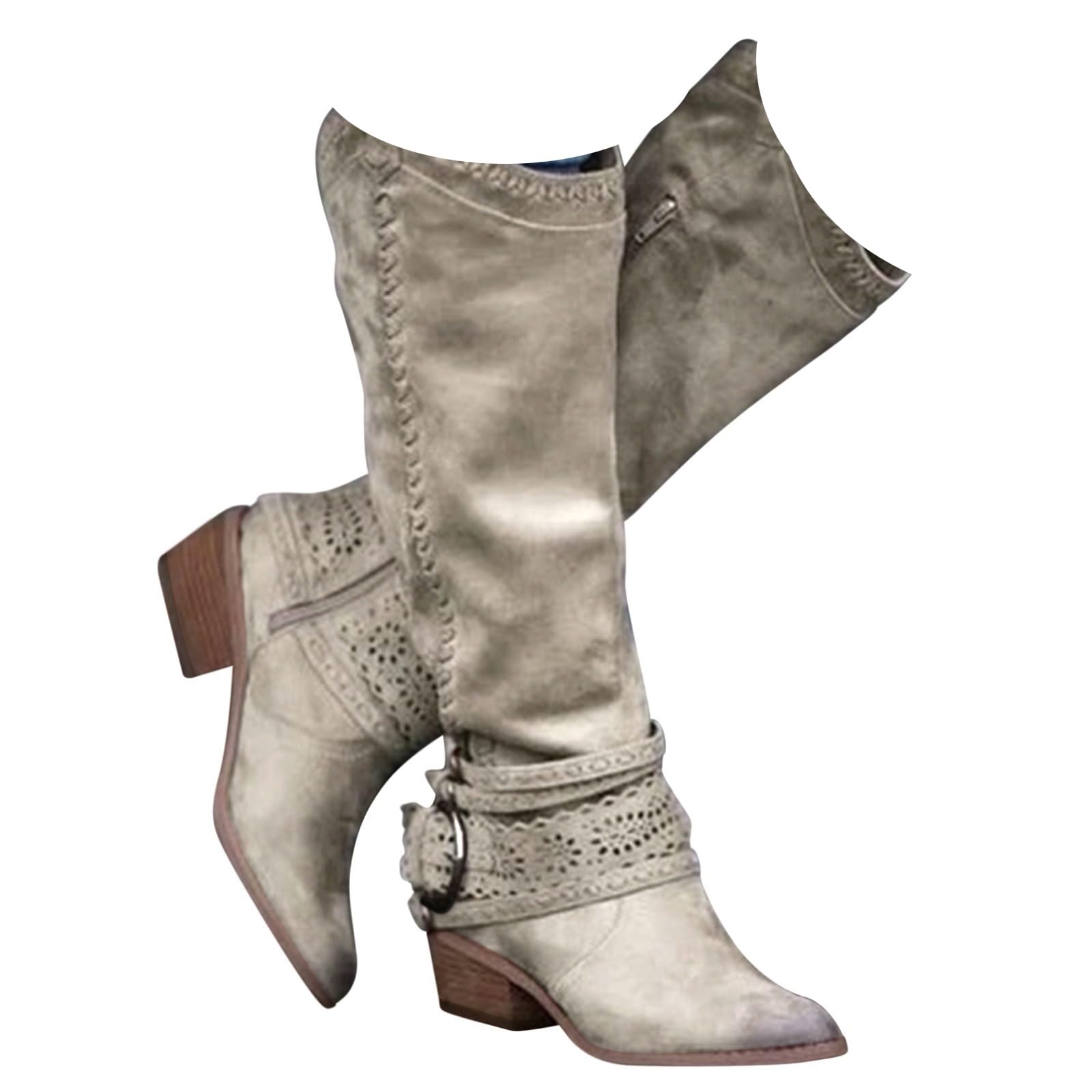 Stivali Donna Invernali, Scarpe Cowboy Western Donna Ginocchio da Bassi, Stivali Vintage Punta Affusolata con Cinturini e Fibbie, Cuoio di Suede, Stivali Lunghi Eleganti Vintage per Autunno Inverno