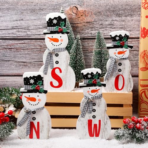 Wenqik 4 piezas de decoración de mesa de muñeco de nieve de madera de Navidad, muñeco de nieve escalonado, decoración de madera, muñeco de nieve, decoración rústica, decoraciones de Navidad para